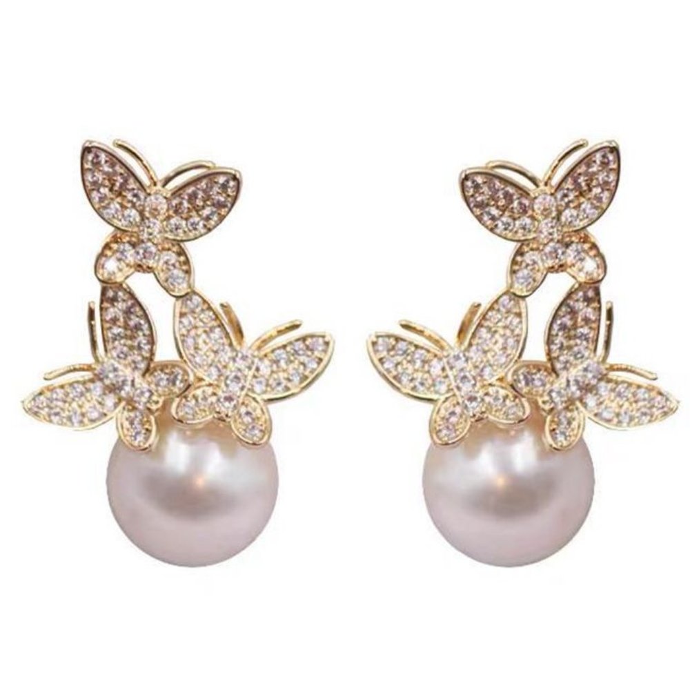 925 Silver Needle Rhinestone Butterfly Pearl Stud Earrings ZB1108200